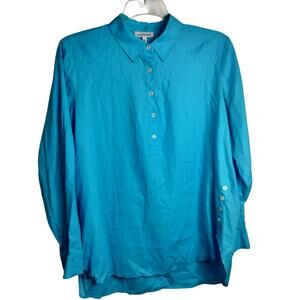 5145)Caligraphie Blue Linen Blend  Popover Minimalist Long Sleeve Tunic Top L